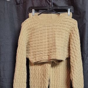 SHEIN Tan Cable Knit Crop Sweater With Matching Joggers, Size Small
